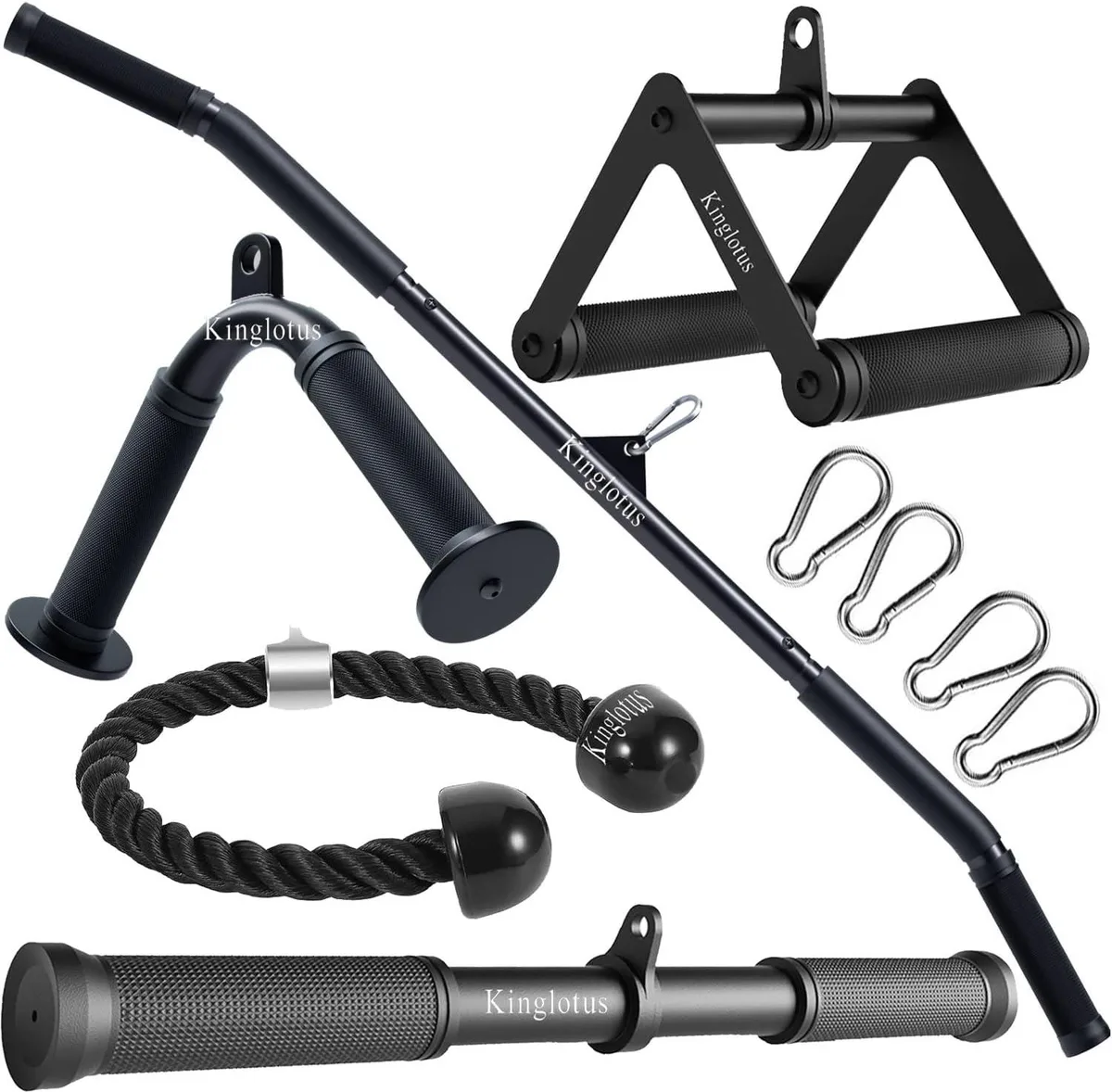 A set of steel cable-machine attachments with knurled rubber grips and four carabiners