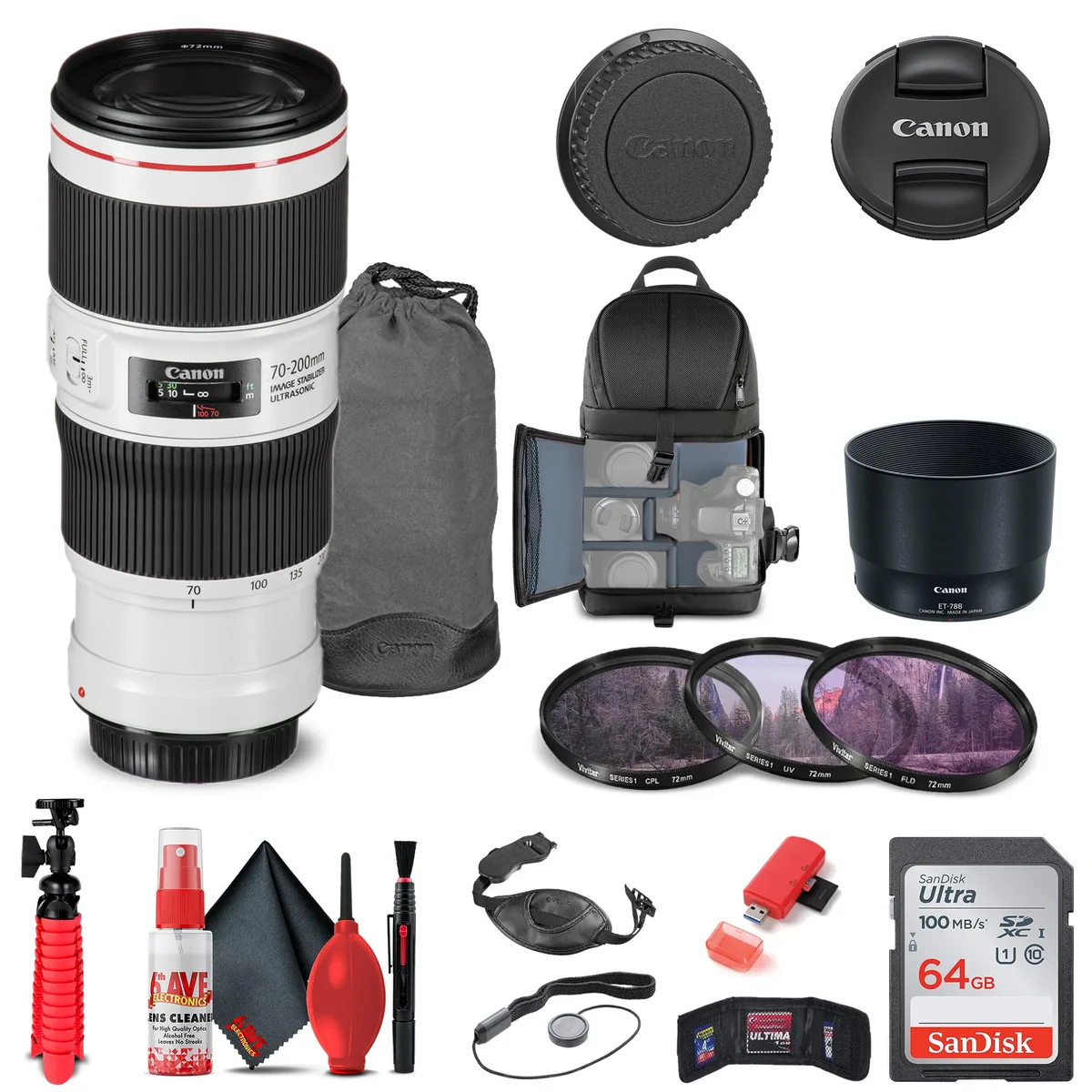 Canon Canon EF 70-200mm f/4L IS II USM Lens Bundle with Filter Kit, Backpack, 64GB SD Card, Tripod, Accessories — product photo