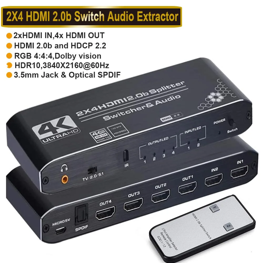 Black rectangular HDMI switch box with multiple ports and IR remote