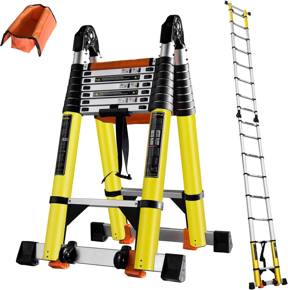 Silver aluminium A-frame telescoping ladder with widened rungs, orange safety locks and wheels