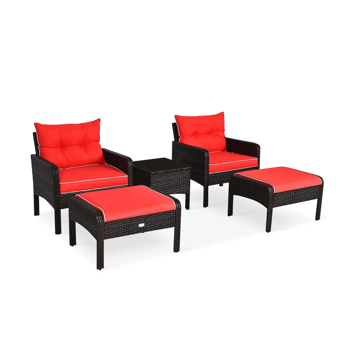 Red rattan patio set: two chairs, two ottomans, glass-top table with thick cushions
