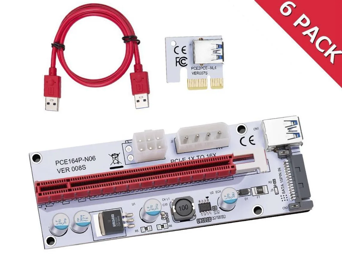 Corn Electronics Corn Electronics 6-Pack PCIe 1x to 16x Riser Card 60cm USB 3.0 4 Solid Capacitors LED Fuse — product photo