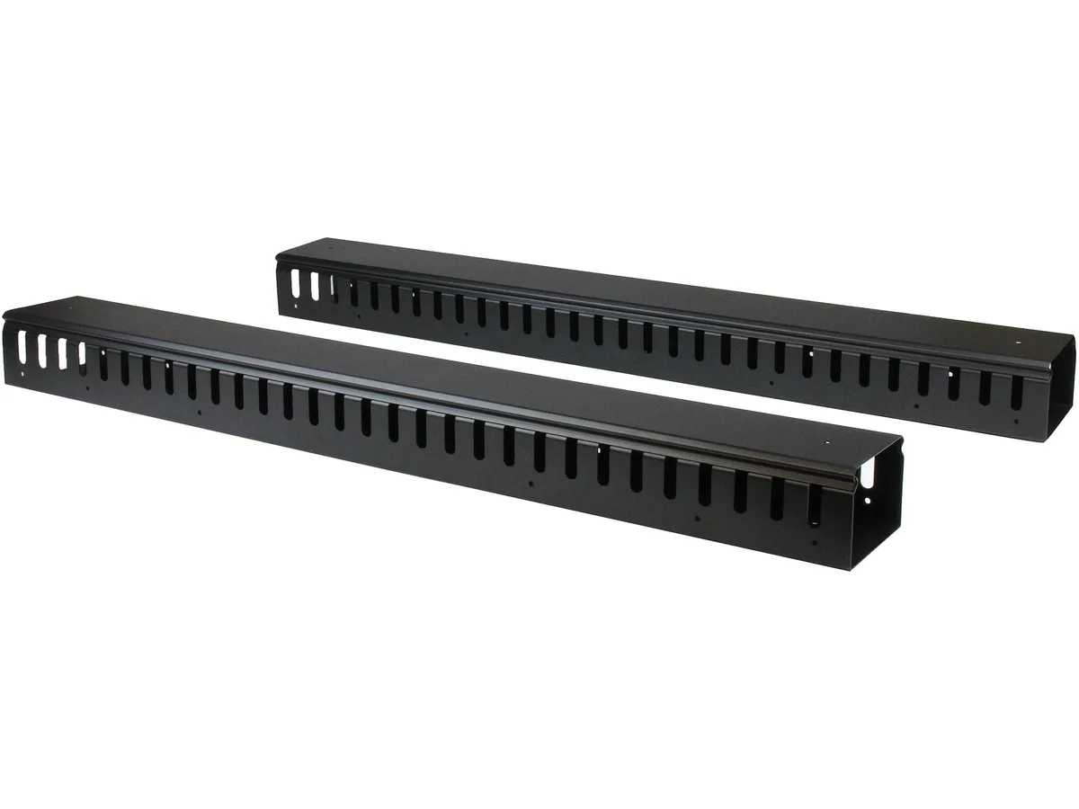 Black steel and plastic vertical cable organiser with finger ducts, 40U height, splits into two sections