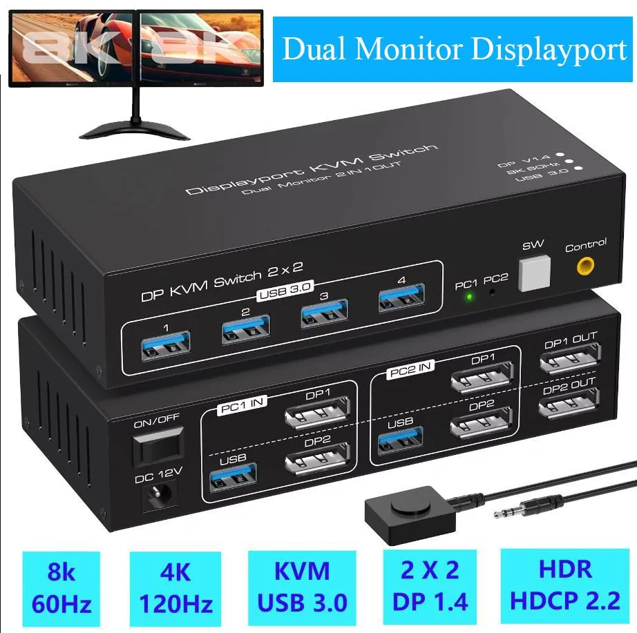 Hitoor Hitoor 8K@60Hz DP 1.4 KVM Switch 2 Monitors 2 Computers 4 USB 3.0 — product photo