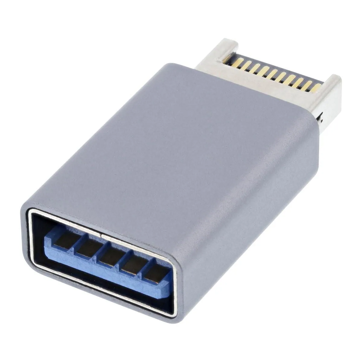 Small black adapter with a blue USB 3.0 female port on one side and a compact male Type-E header on the other