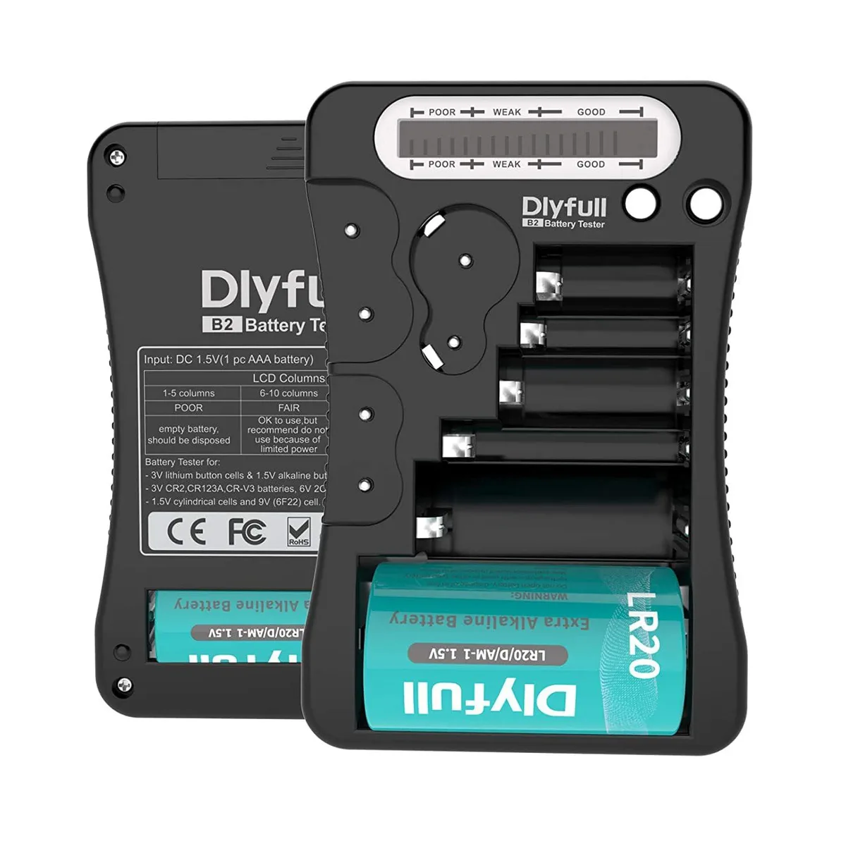 Compact rectangular battery tester with LCD screen, matte finish, 5.2 by 3.46 by .94 inches, 115 grams