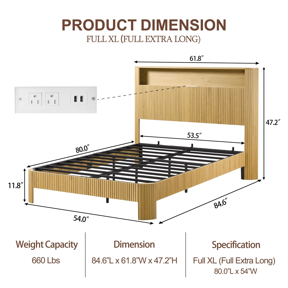 Full XL bed frame with storage headboard, built-in charging station, wavy curved design, natural MDF finish