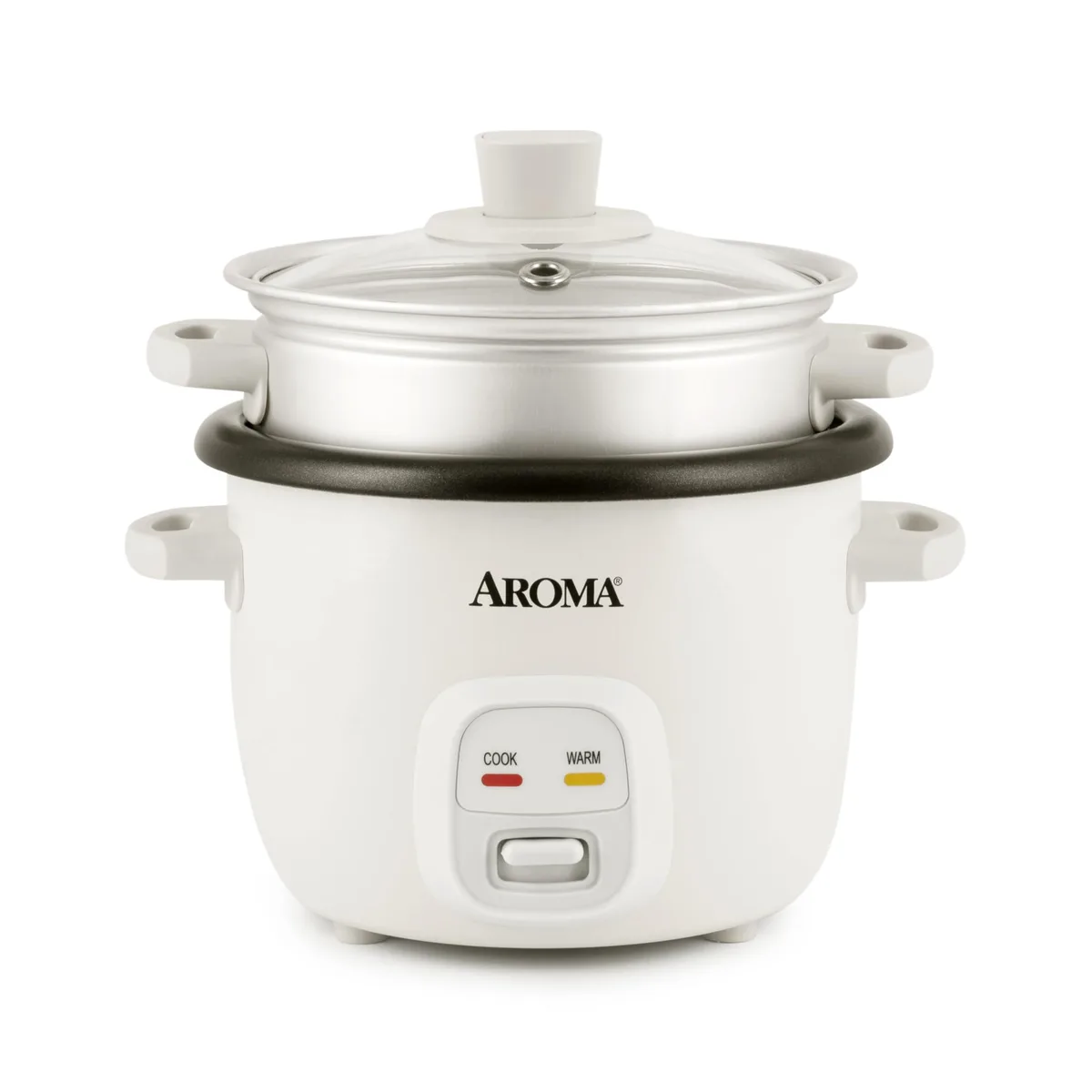 Compact white rice cooker with glass lid, 1 quart capacity