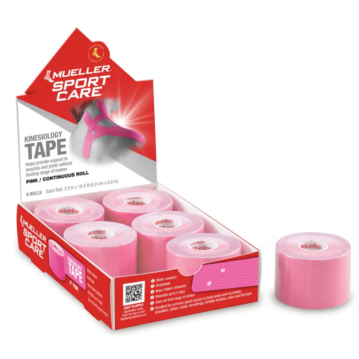 Six pink kinesiology tape rolls in continuous form