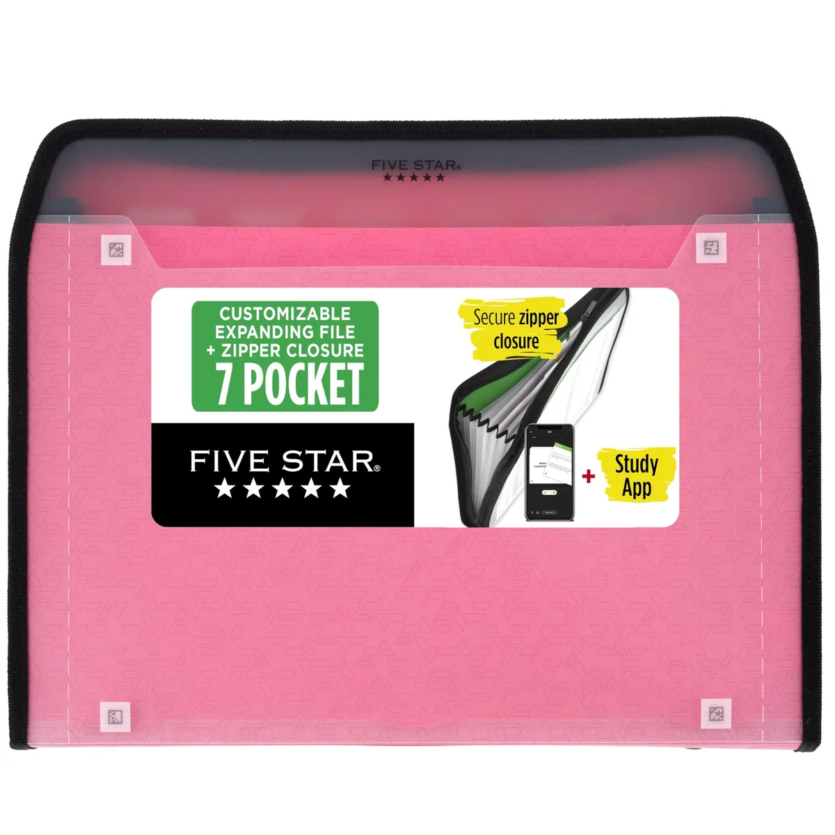 Pink plastic expanding file folder with zipper closure and seven pockets