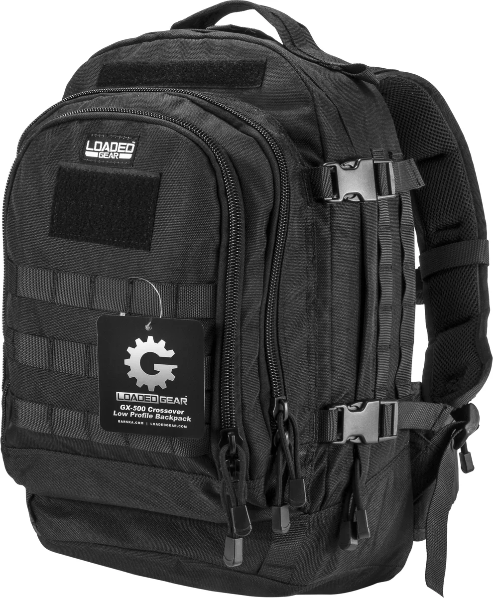 Black nylon crossover utility backpack with MOLLE webbing and padded laptop sleeve