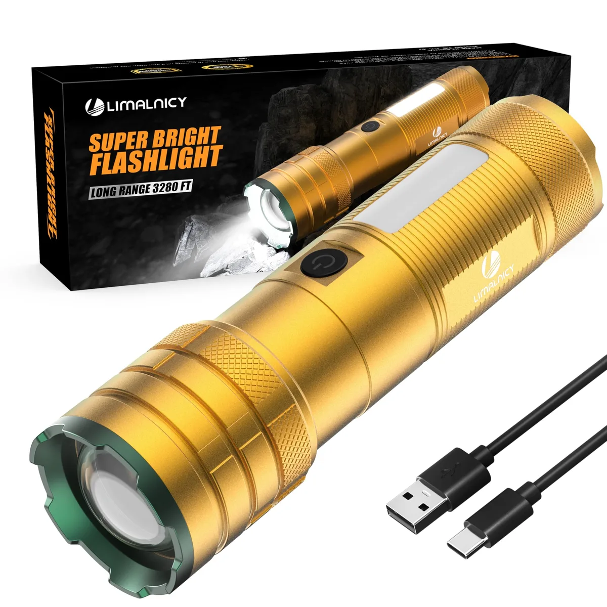 Cylindrical aluminium flashlight with COB side light, USB-C ports and LCD power display