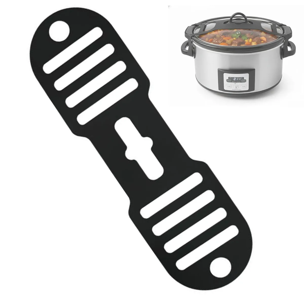 Black silicone strap with adjustable holes wrapped around a slow cooker lid and handles