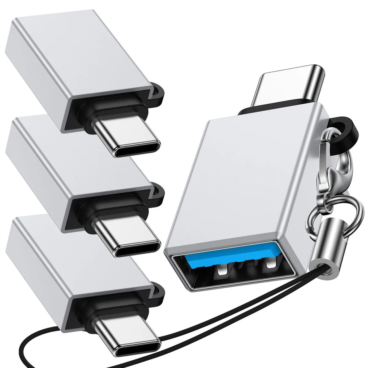 Four small gray USB-C male to USB-A female adapters with lanyard holes