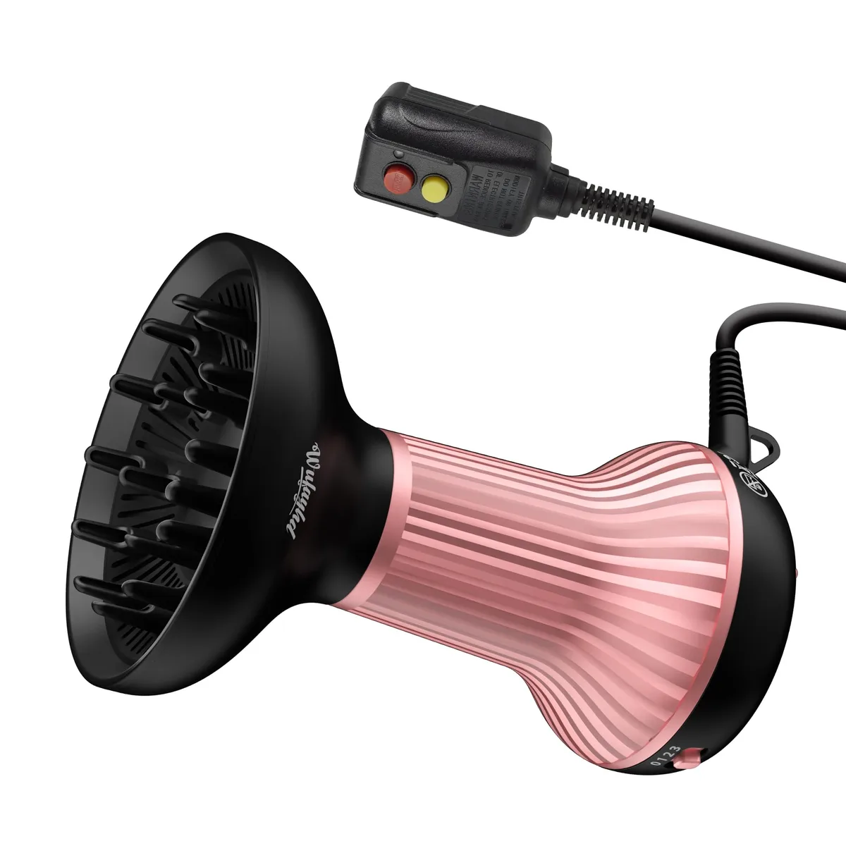 Pink compact hair dryer with diffuser attachment, lightweight plastic body