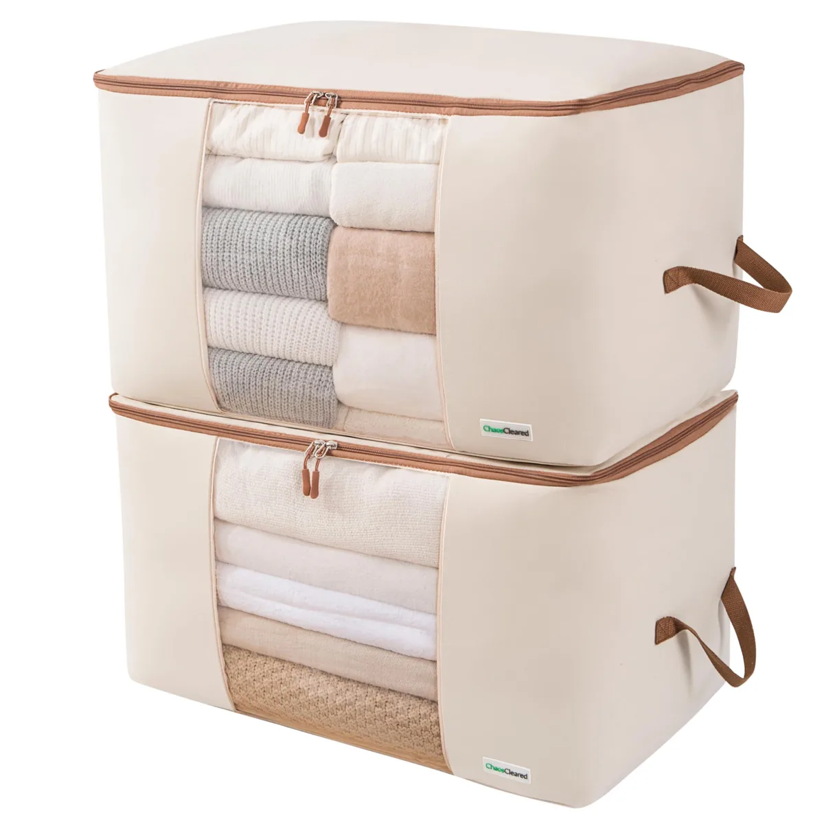 Two grey canvas storage bags with clear windows and zips