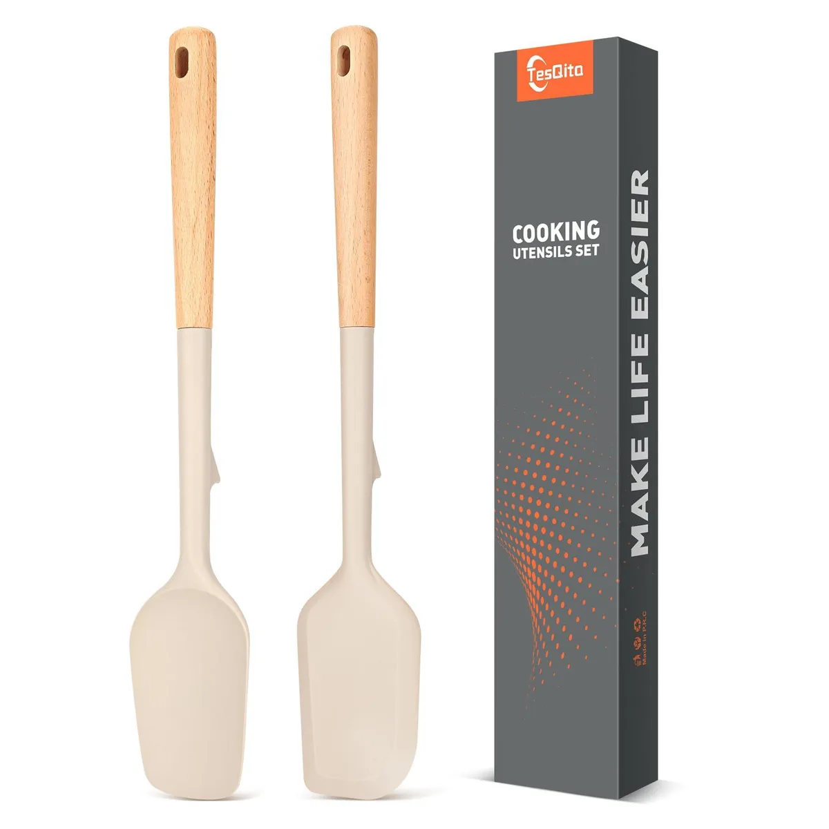Two khaki silicone spatulas with long beechwood handles, one flat one spoon-shaped