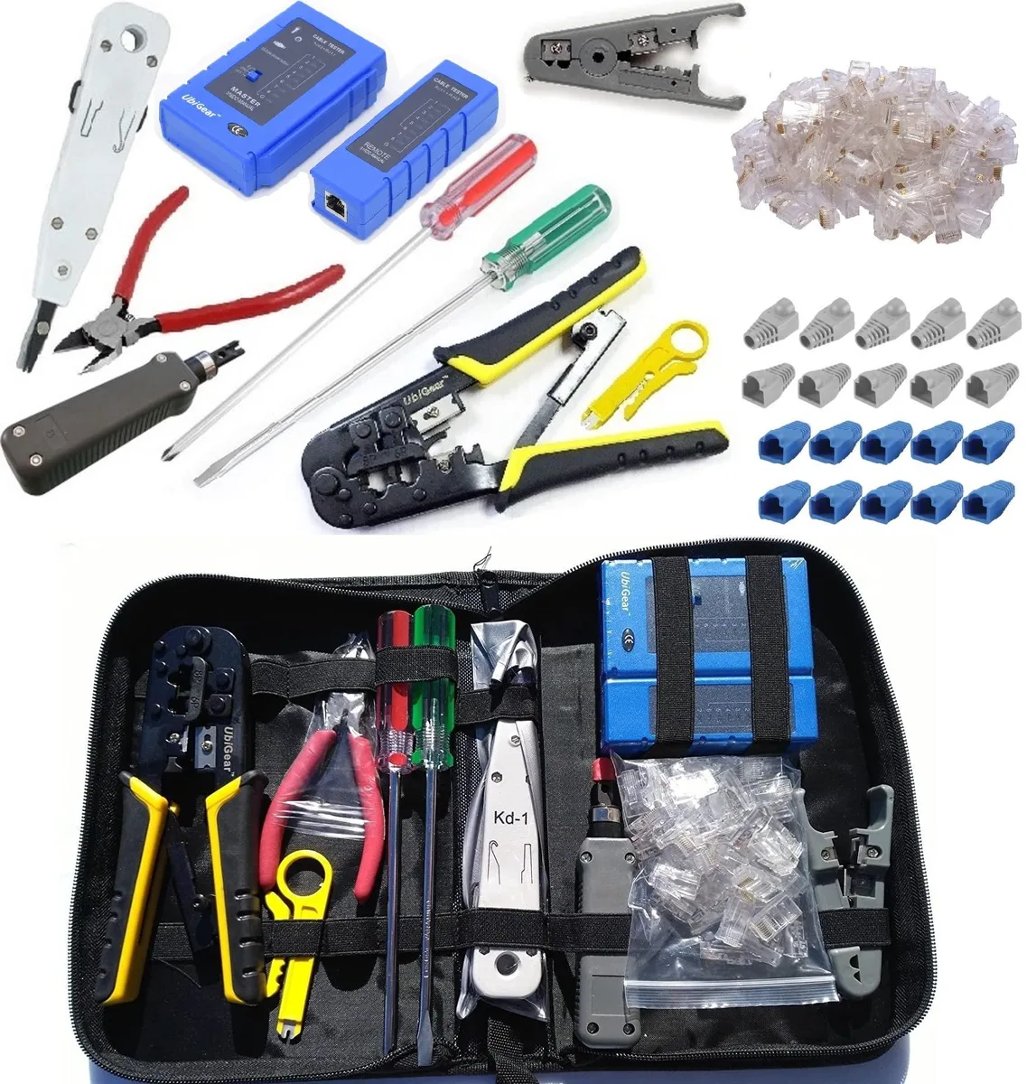 Blue hard-shell case open showing crimper, tester, punch-down tool, screwdrivers, cutters, 100 clear RJ45 plugs and 20 coloured boots