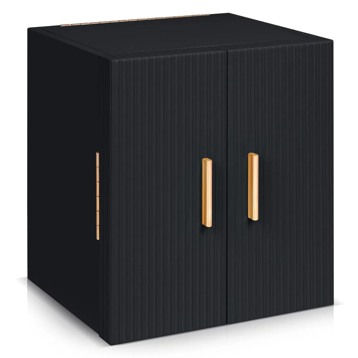 Black rectangular jewelry box with vertical grain leather finish, double doors, metal handle and three drawers