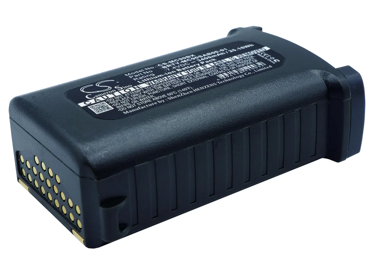 Rectangular black battery pack with label and contacts