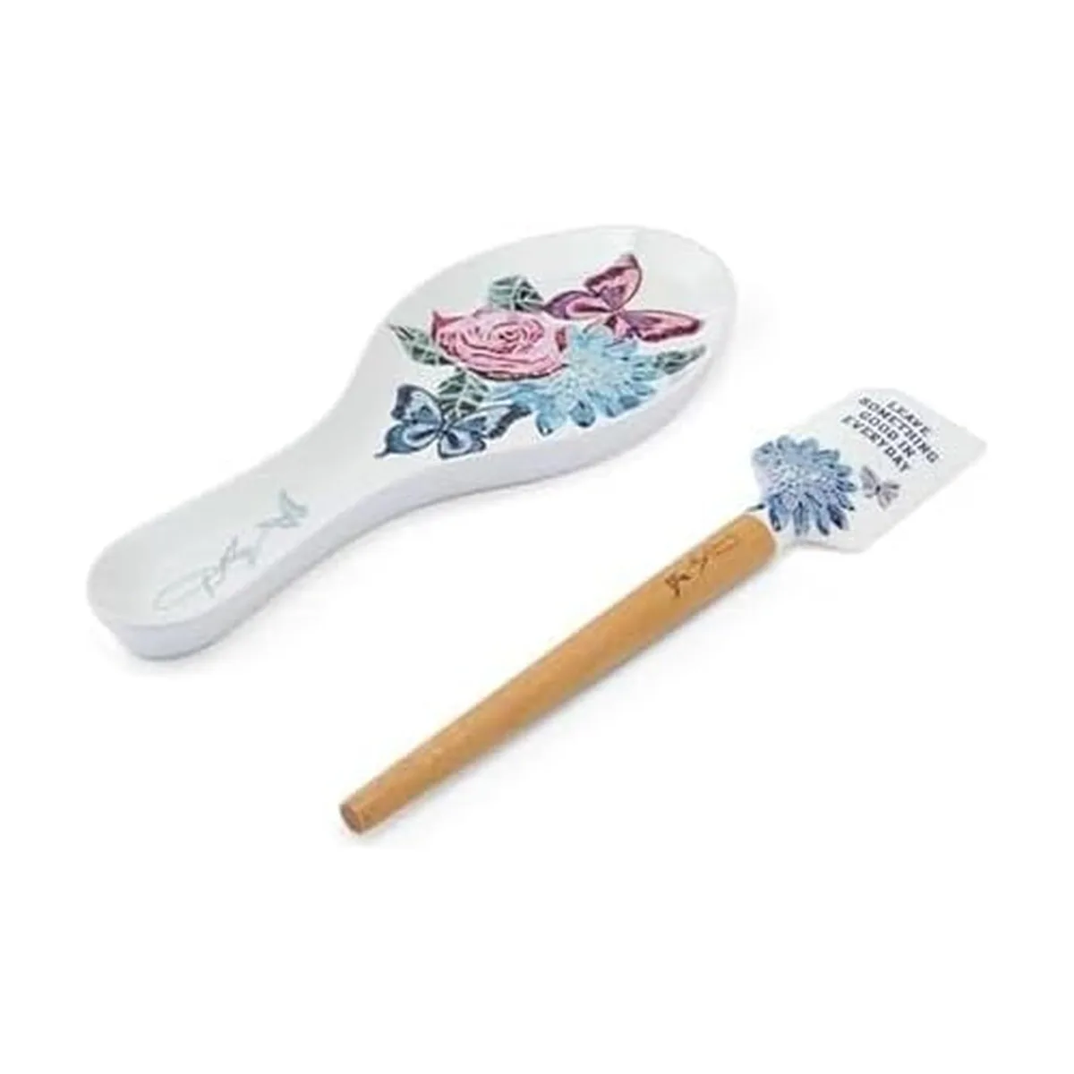 Two-piece set with floral butterfly design, silicone spatula and matching spoon rest