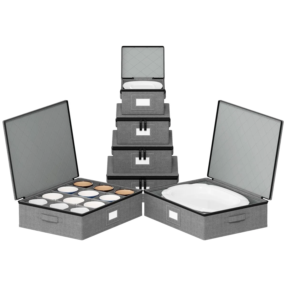 Six grey fabric storage boxes with zippered tops and quilted interiors