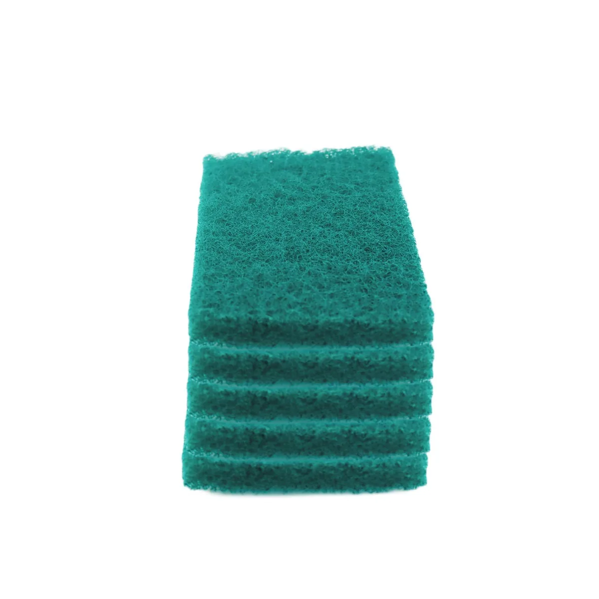 Pack of five rectangular dual-sided scour pads, green abrasive side, light blue sponge side