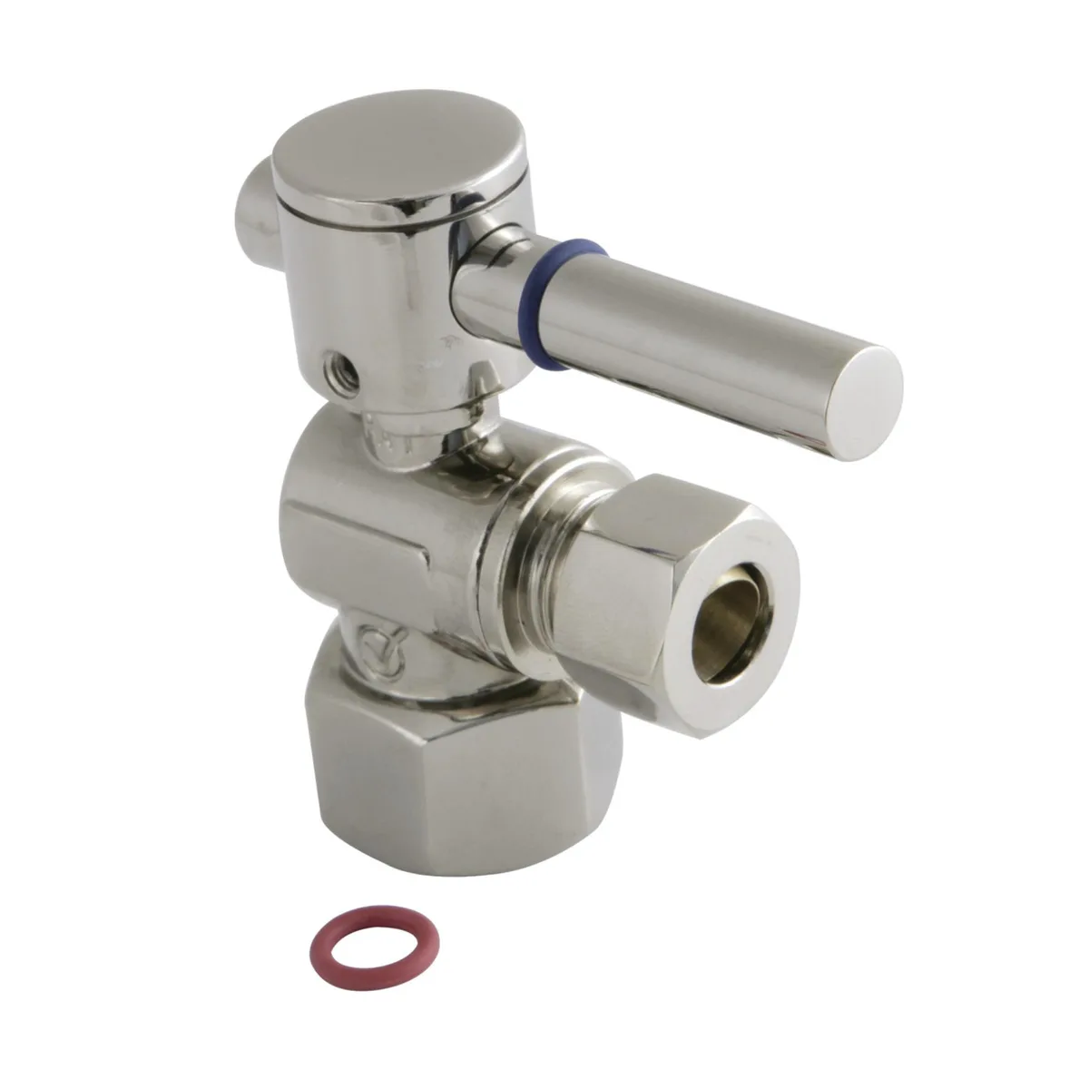 Pair of polished nickel quarter-turn angle valves with hot and cold indexes