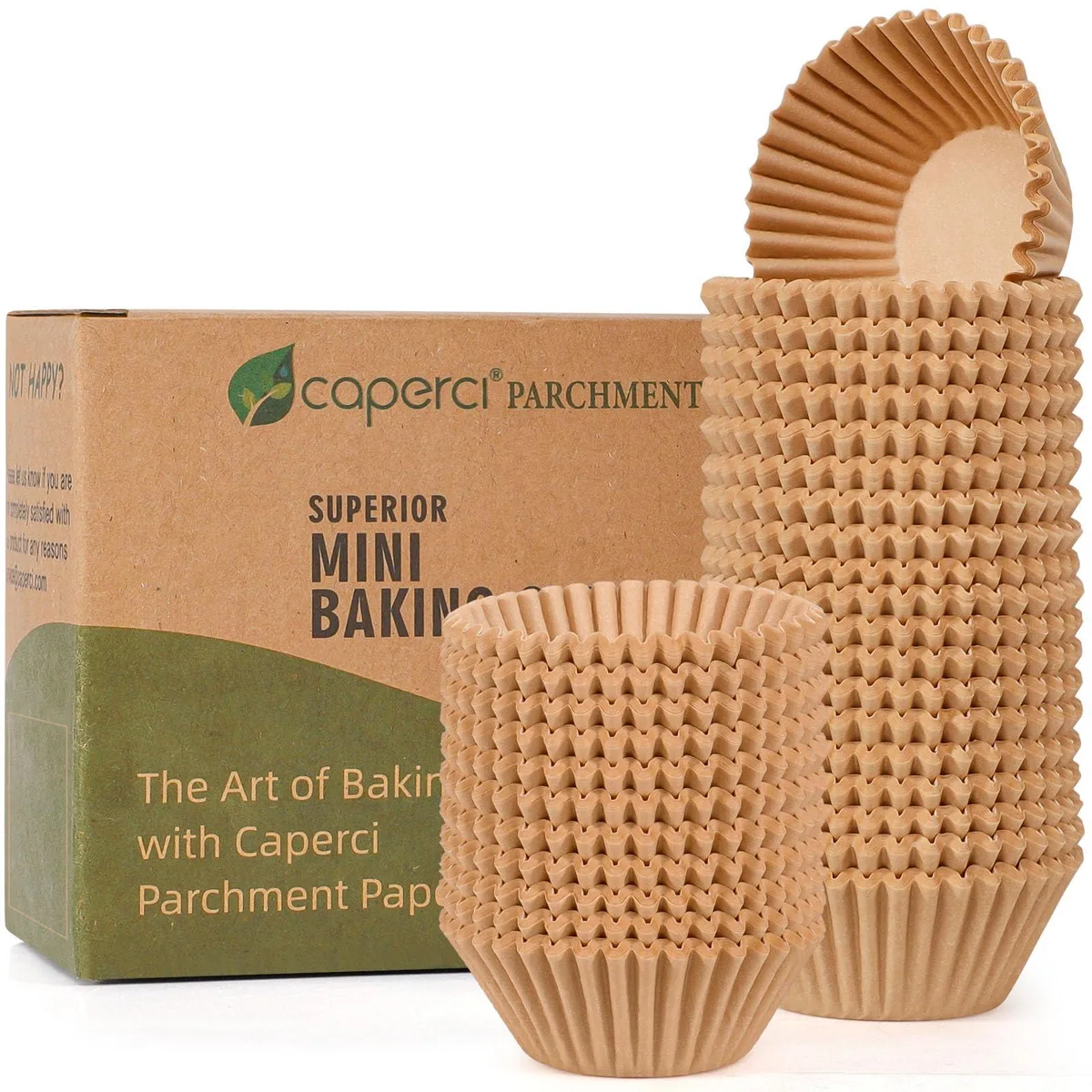 Stack of natural parchment mini cupcake liners, 400 count