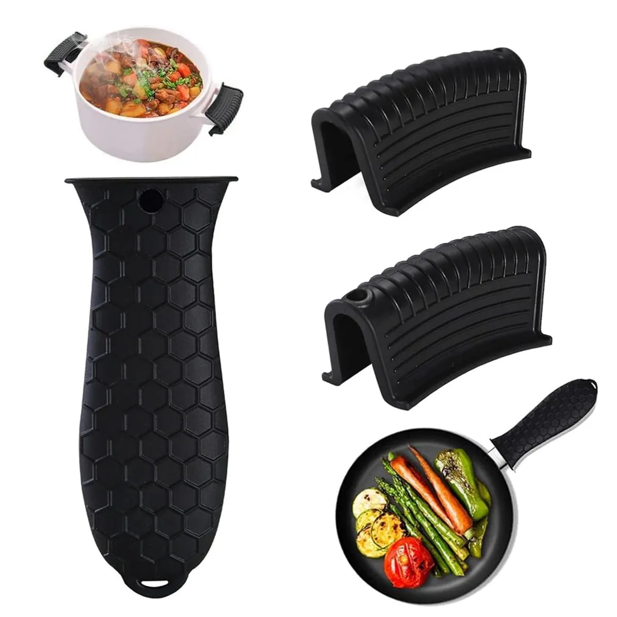 Pair of black silicone handle covers with textured grip and hanging hole