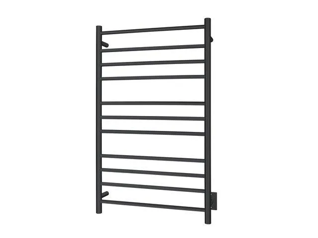 Wall-mounted black towel warmer with 11 round heated bars, matte finish, hardwired design
