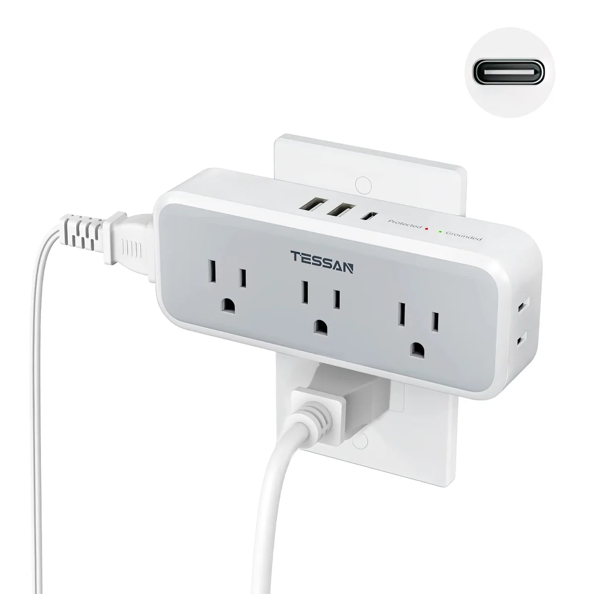 White rectangular wall outlet extender with five AC sockets and three USB ports, compact design
