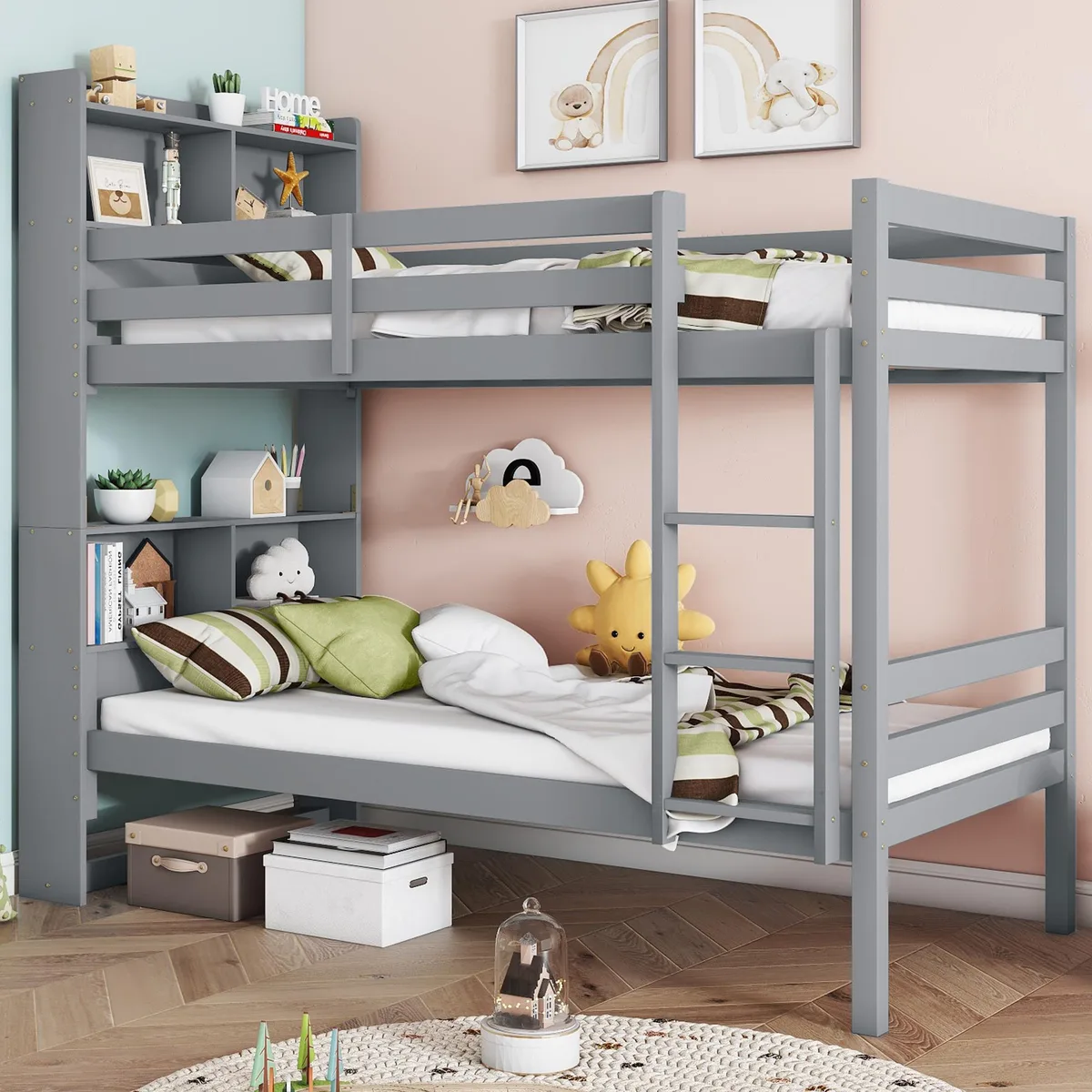 Grey rubber wood twin-over-twin bunk bed with integrated headboard shelves, guardrails and ladder