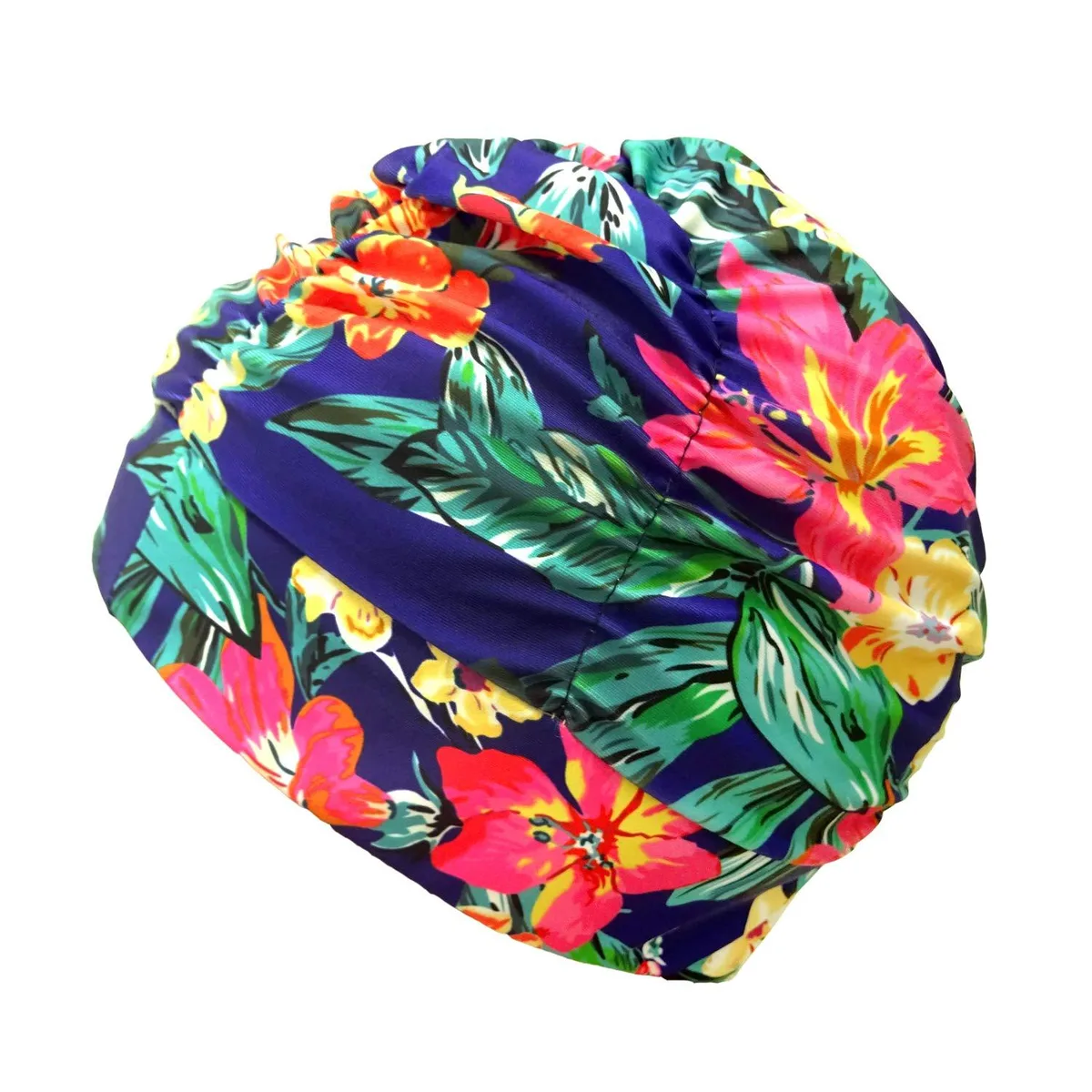 Pleated multi-colour fabric swimming cap for long hair