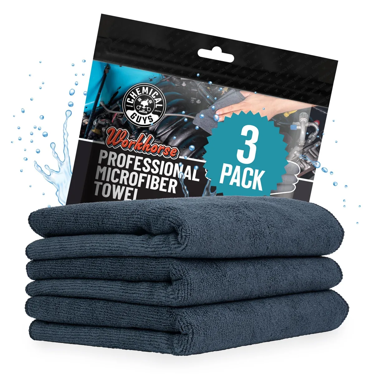 Three square black microfiber towels stacked, 16 by 16 inches each, plush finish with stitched edges