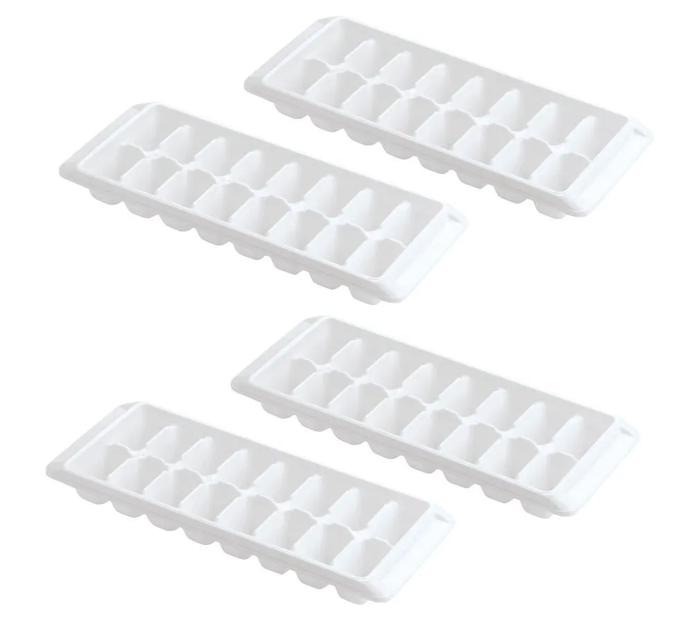 Four white rectangular plastic ice cube trays, each with sixteen compartments, stacked together
