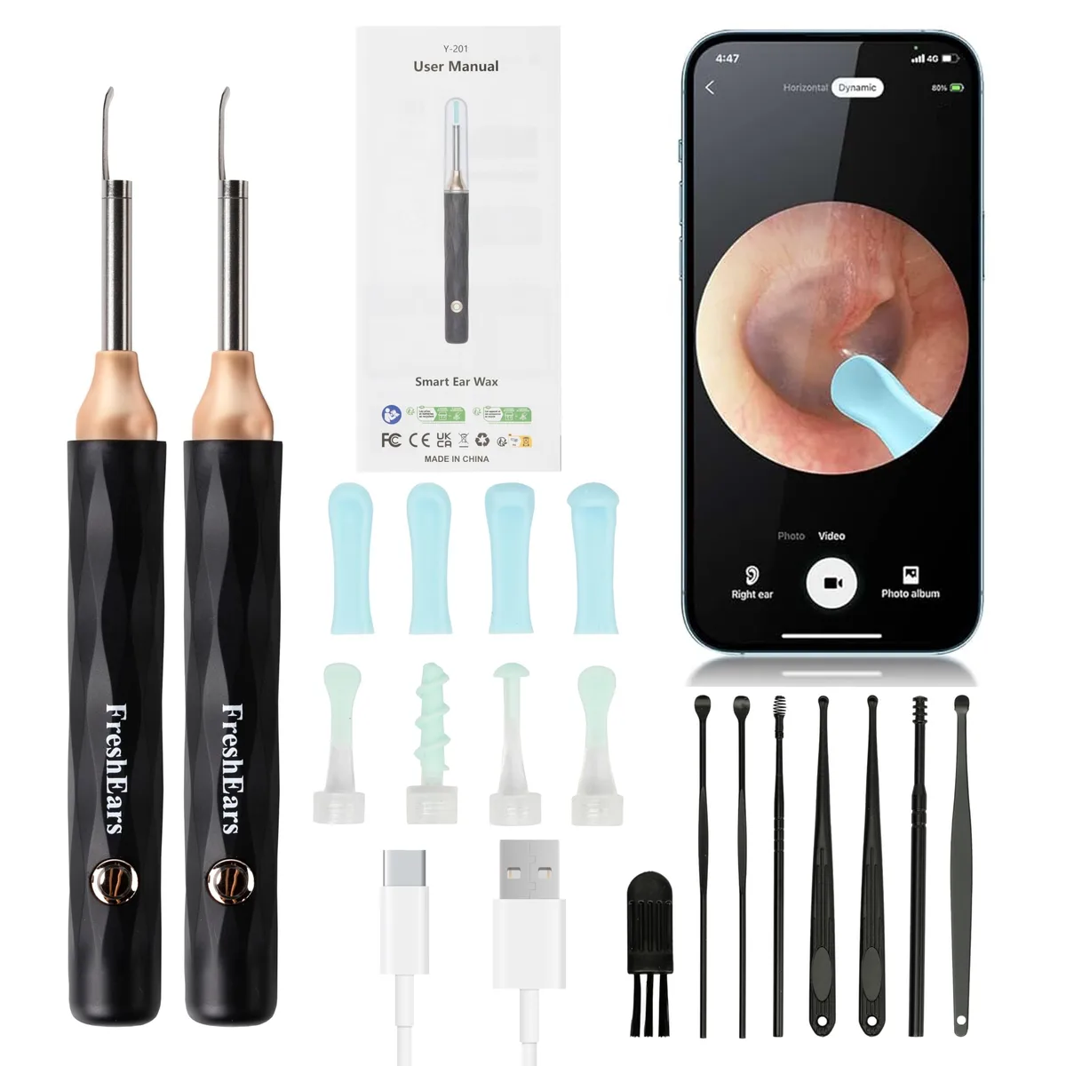 Black wireless ear-care kit with two camera otoscopes, LED lights, and silicone tips