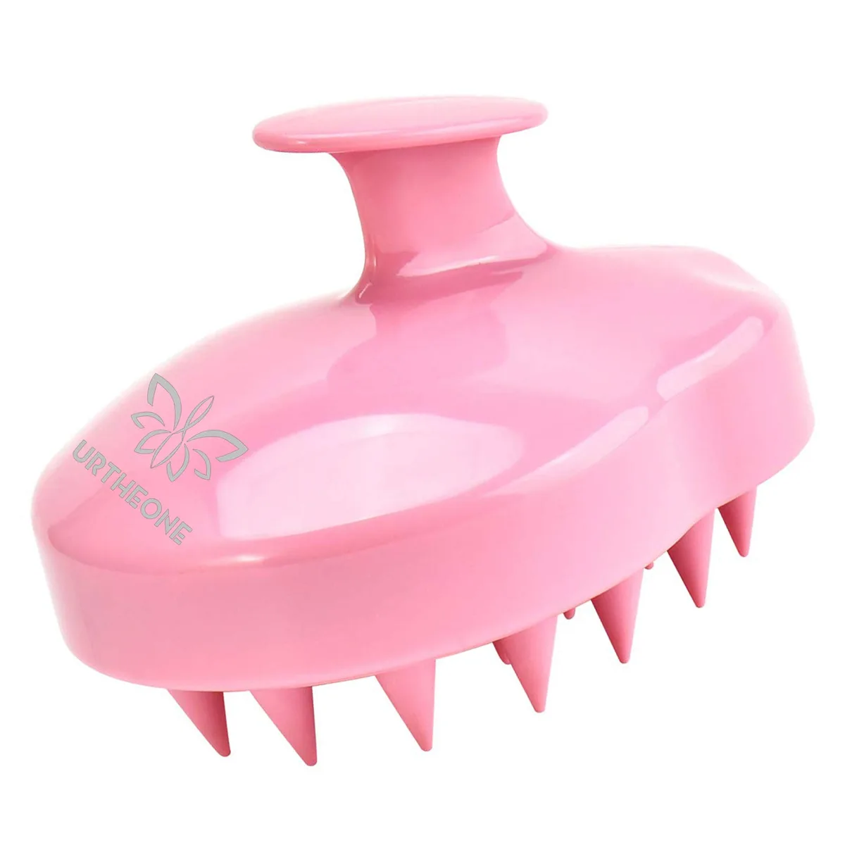 Pink silicone scalp massager with soft flexible bristles and ergonomic grip