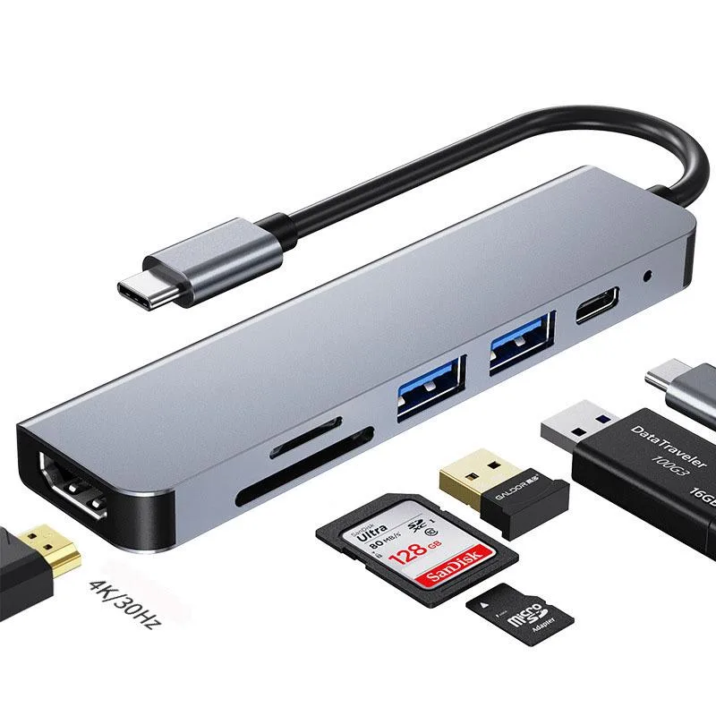 BONAEVER BONAEVER USB-C Hub 6-in-1 Grey 4K HDMI PD USB 3.0 SD TF — product photo