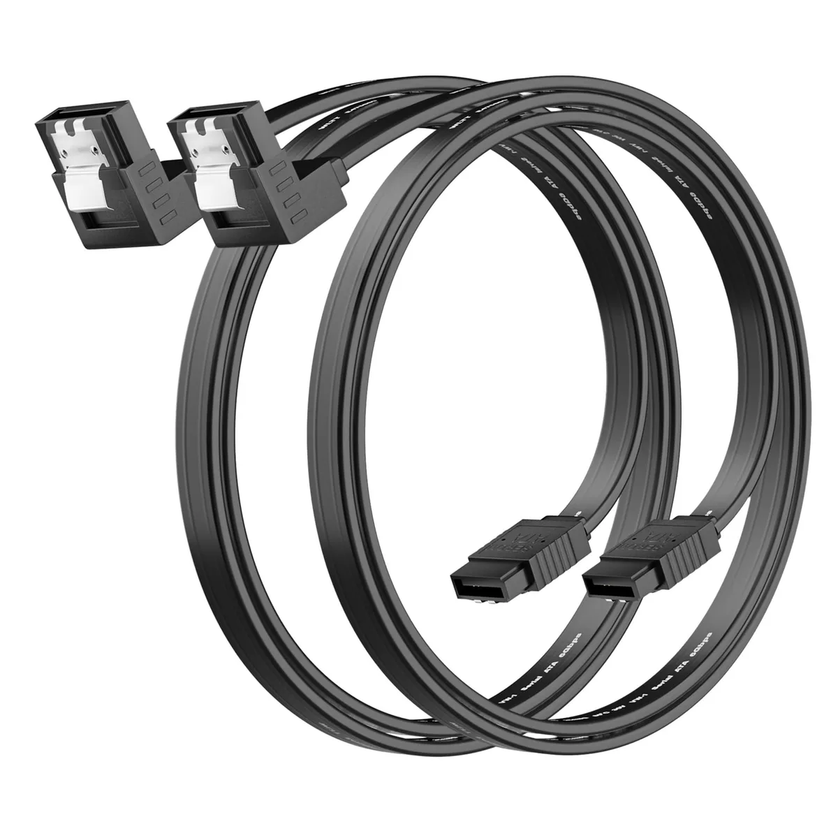 Two black SATA cables with 90 degree locking connectors, 18 inch length