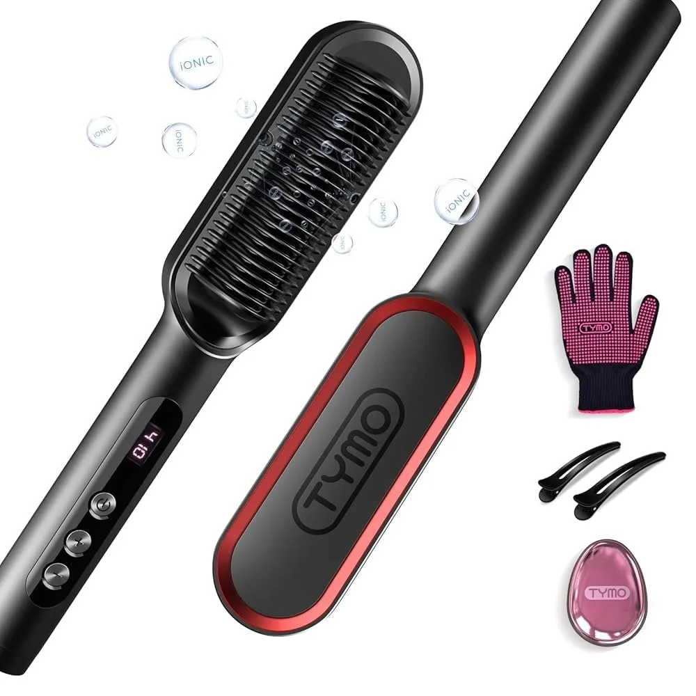 Black hair straightening brush with titanium ceramic coating, LED display, and ergonomic handle