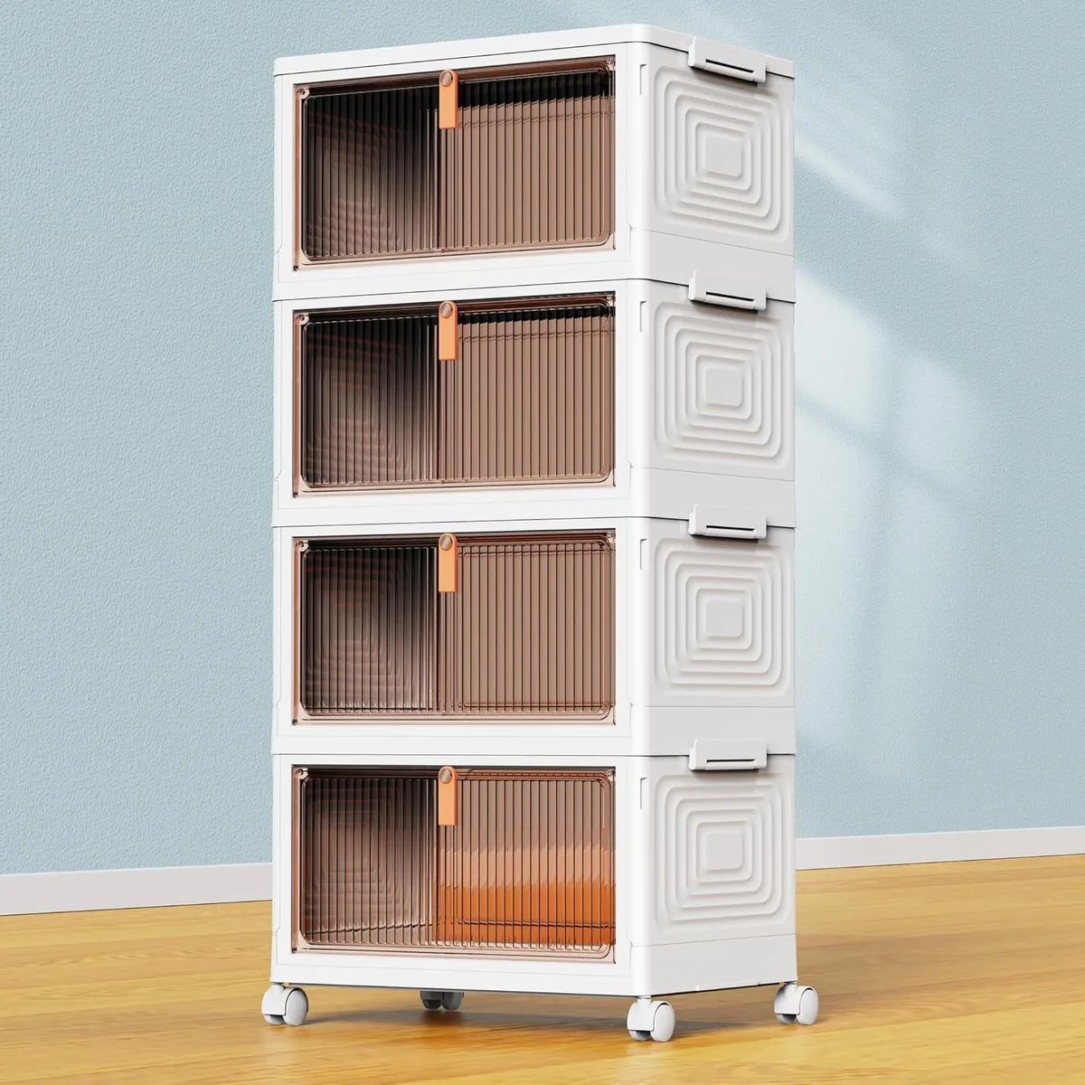 White four-tier stackable storage unit with wheels and translucent front doors