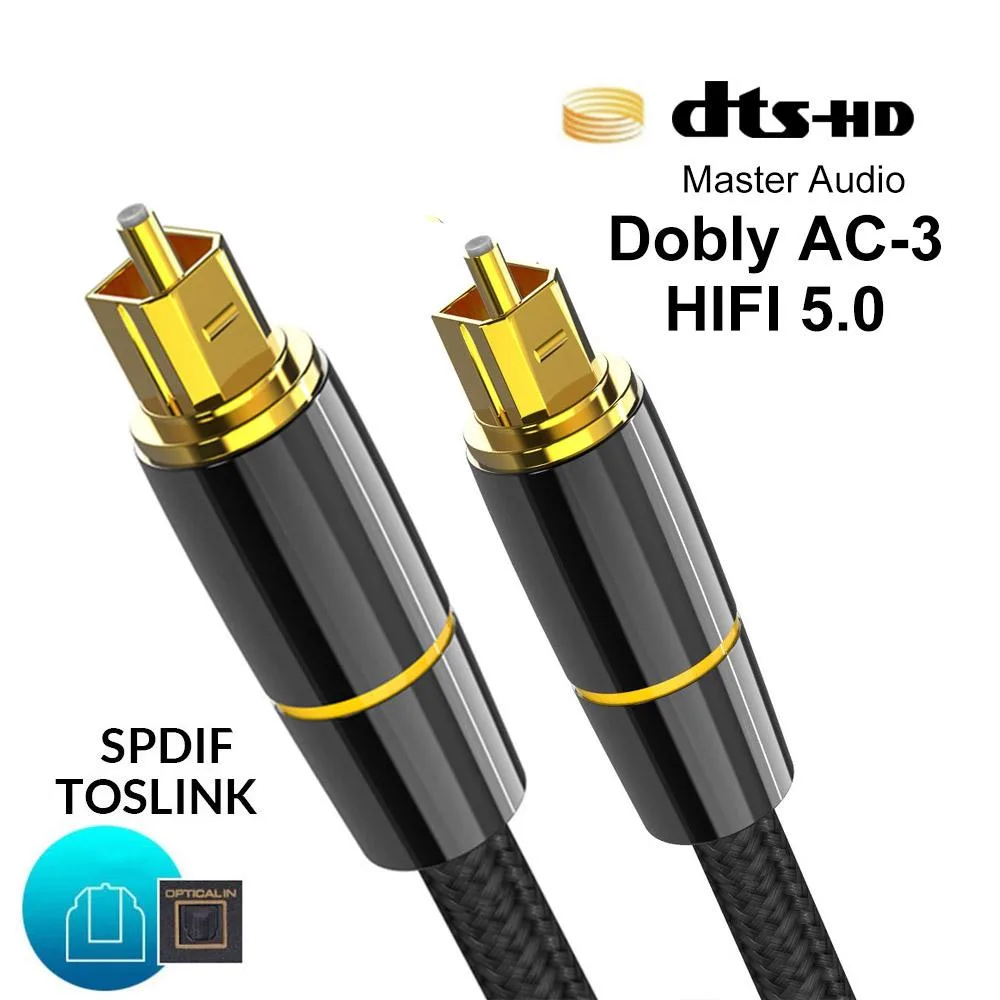 Black Toslink optical audio cable with gold connectors and braided nylon jacket