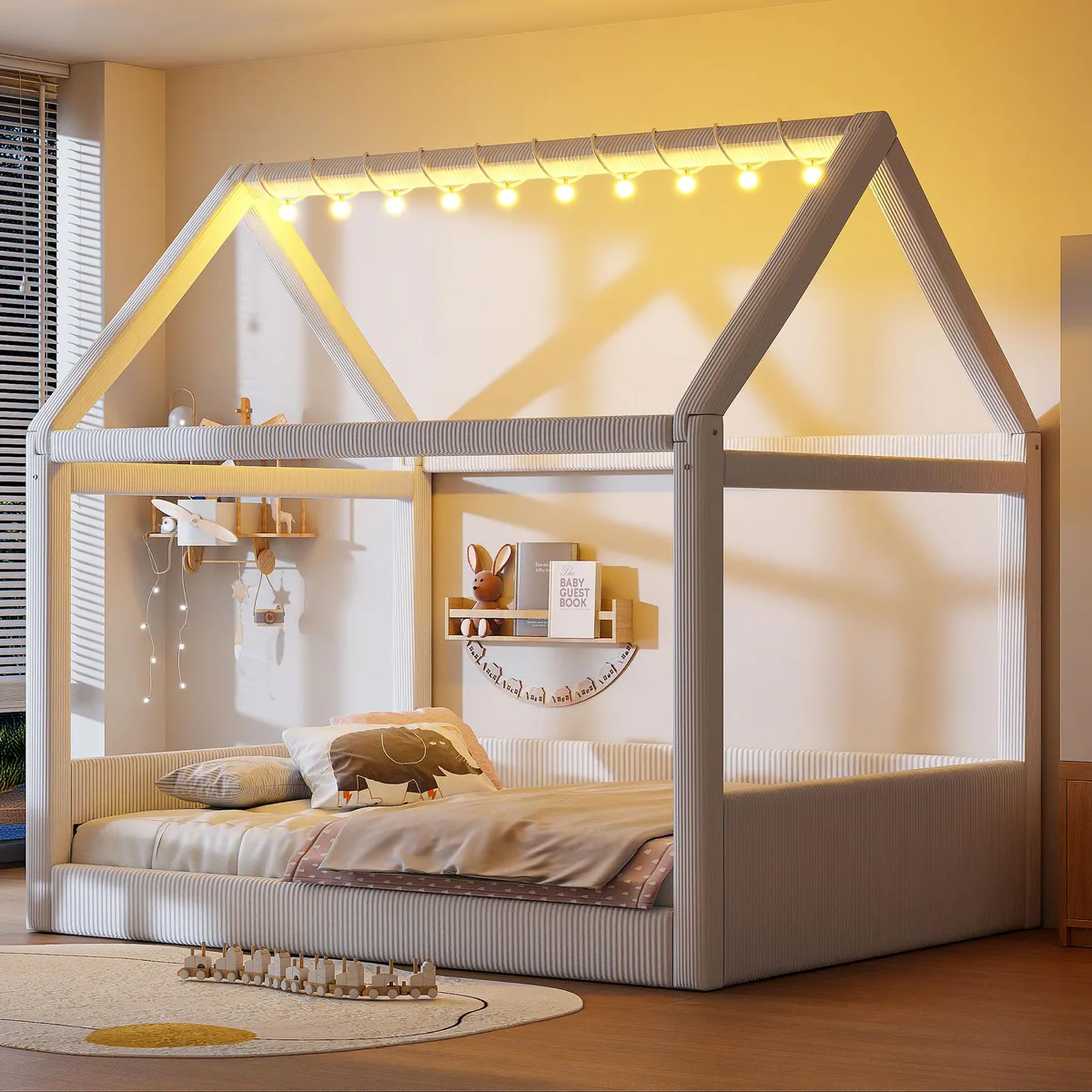 Beige upholstered house-shaped daybed with LED light strips