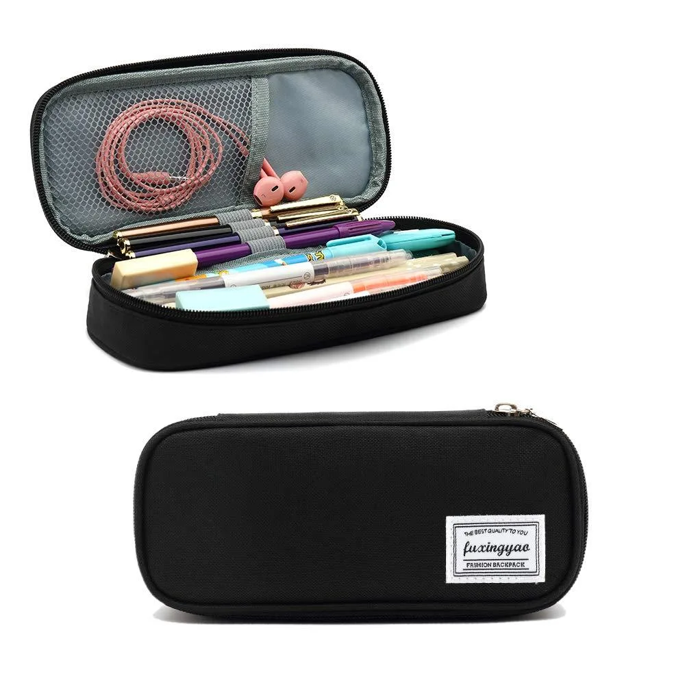Black rectangular pencil bag with letter print, zipper closure, compact shape