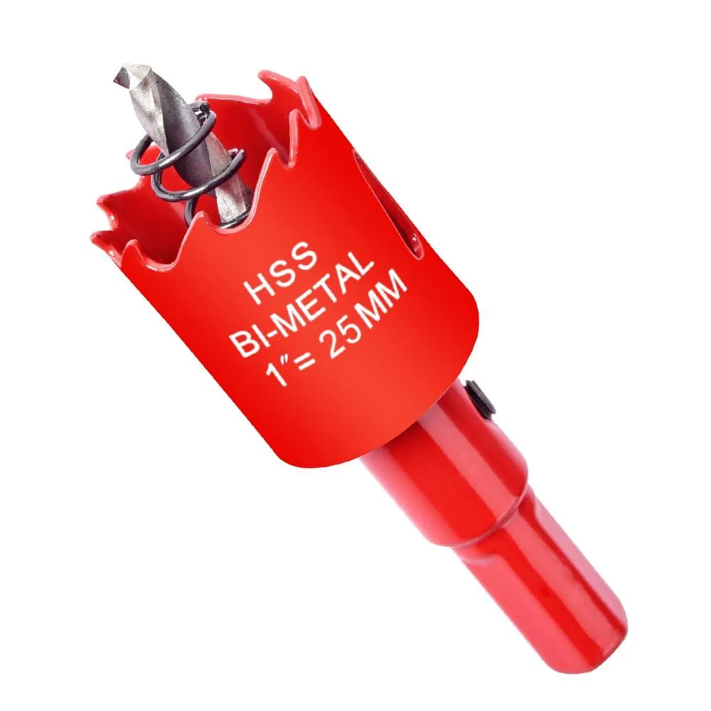 Red bi-metal hole saw 25 mm with pilot drill bit and arbor