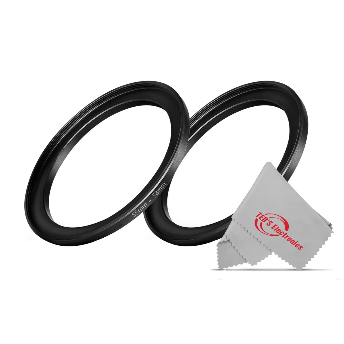 Two thin anodized aluminium step-up rings, 55 to 58mm