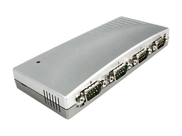 Black USB-to-serial hub with four DB9 ports