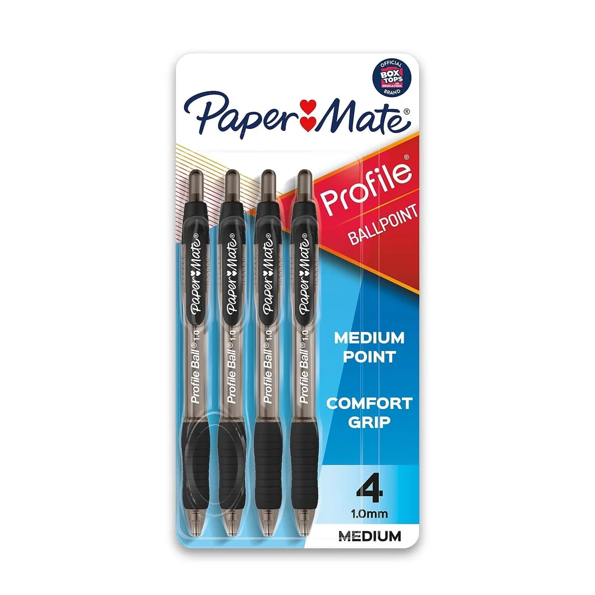 Four retractable ballpoint pens with translucent black barrels and soft grips