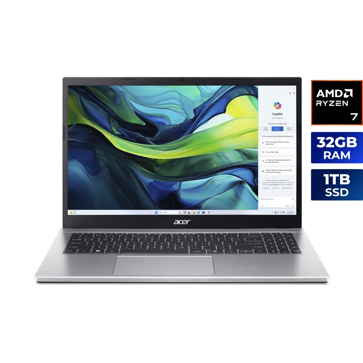 Acer America Acer America NX.JQJAA.001 Aspire Go 15 laptop Ryzen 7 7730U 32GB DDR4 1TB PCIe Gen4 SSD 15.6" FHD IPS — product photo